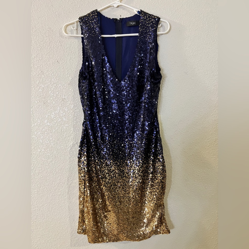 Large Blue & Gold Midi Sequin Cocktail Party Club Holiday Dress Sleevless